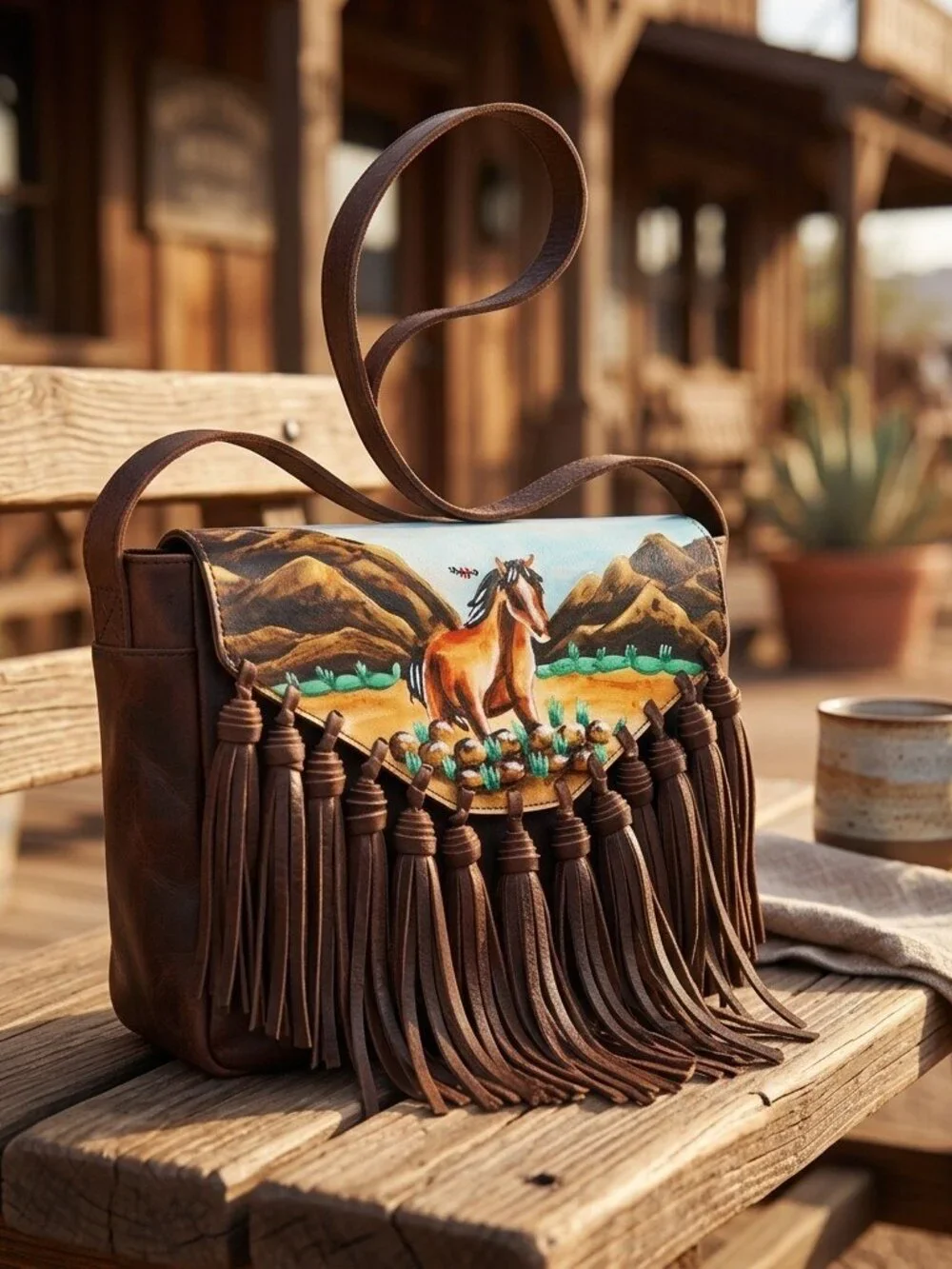 American Darling Hand Painted Desert Rodeo Fringe Crossbody Bag